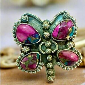 Pink Dahlia Spiny Oyster Butterfly Southwestern Sterling Silver Ring 6,7,8,9
